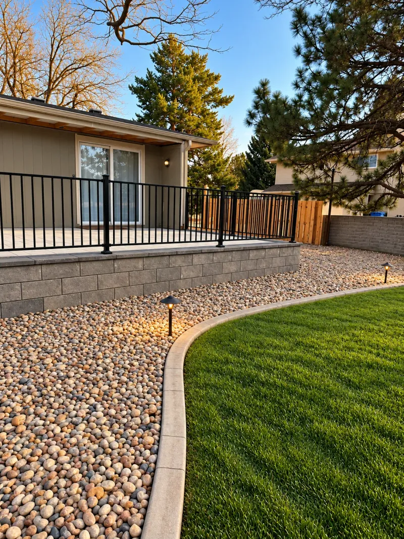 Blackrock curved patio and landscaped lawn illuminated at dusk