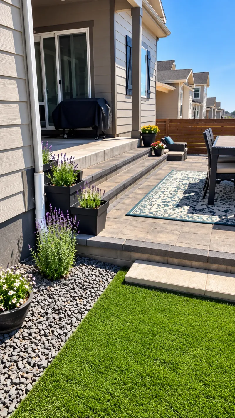 Paver path, patio steps, and planting beside a Colorado home