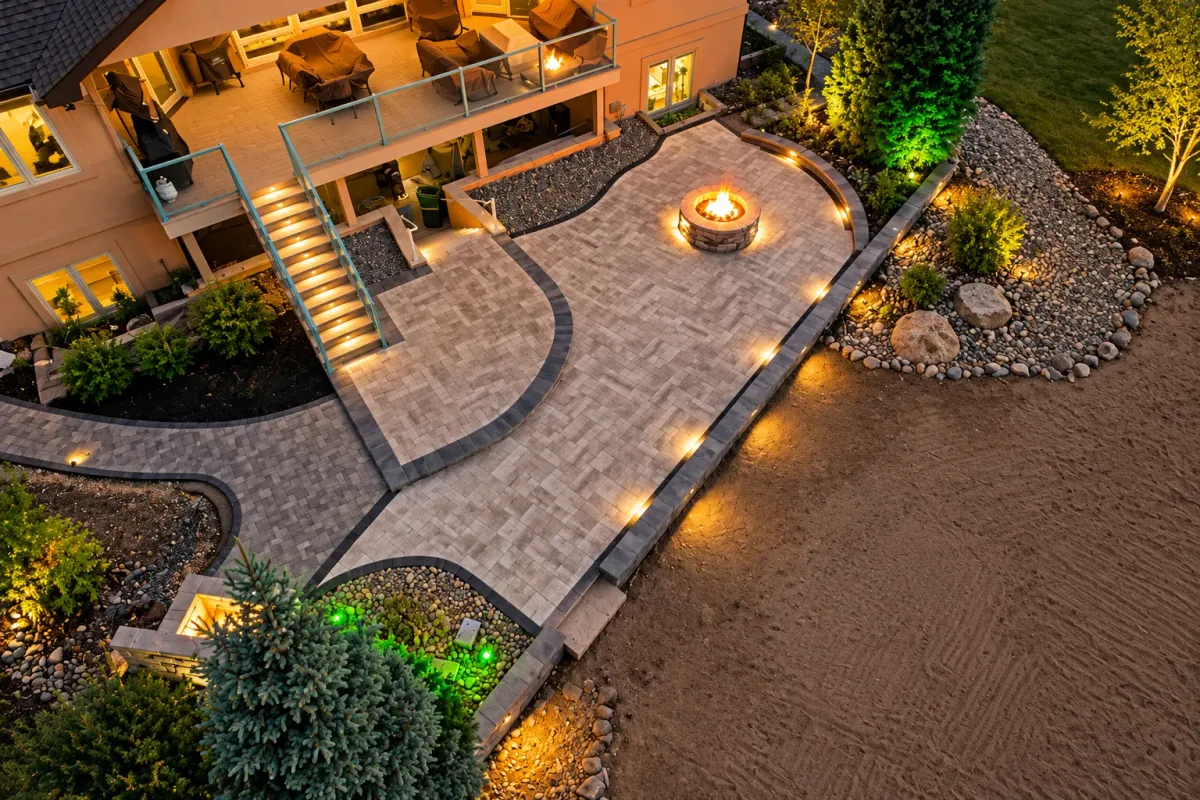 Aerial view of a Blackrock paver patio with a fire pit and landscape lighting at dusk